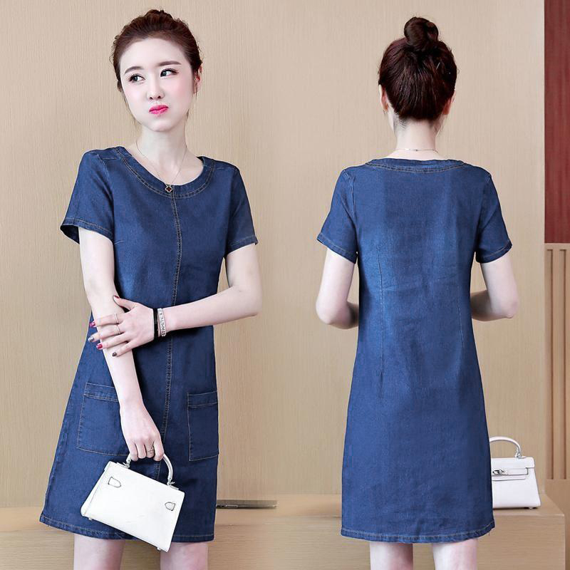 ĐẦM JEAN NỮ ĐẸP DÁNG SUÔNG CỔ TRÒN PHỐI TÚI - NJ175
